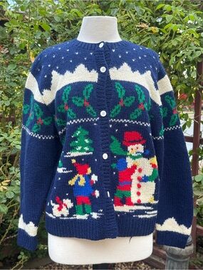 Vintage Wool  Navy Holiday Snowman Knit Cardigan Sweater